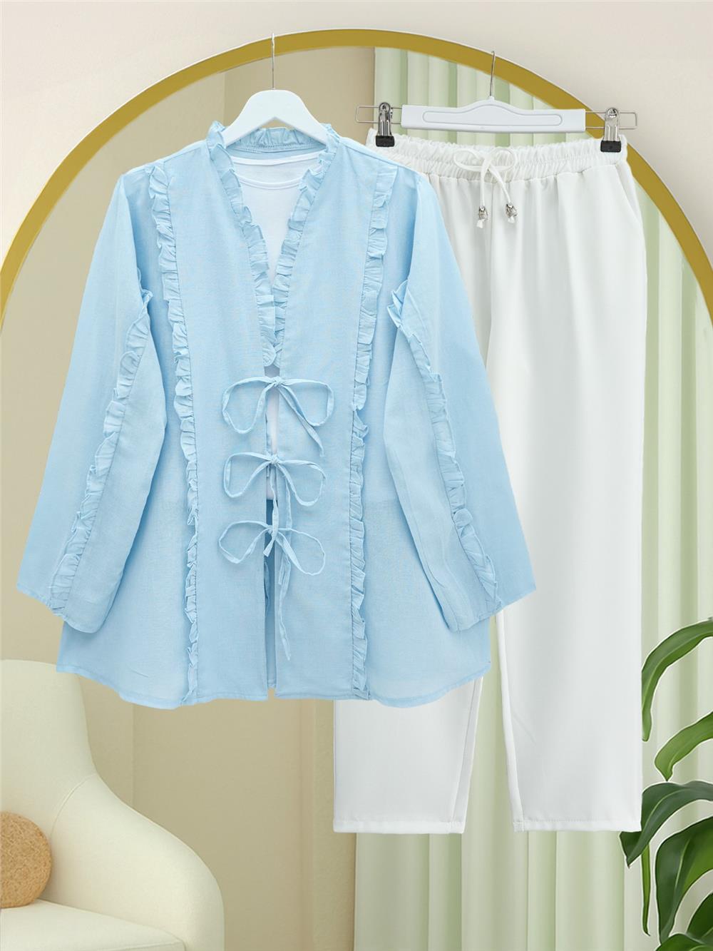 Önü Ve Kolu Fırfırlı Bağlamalı Keten Gömlek -Bebe Mavi-362-4457-R32
