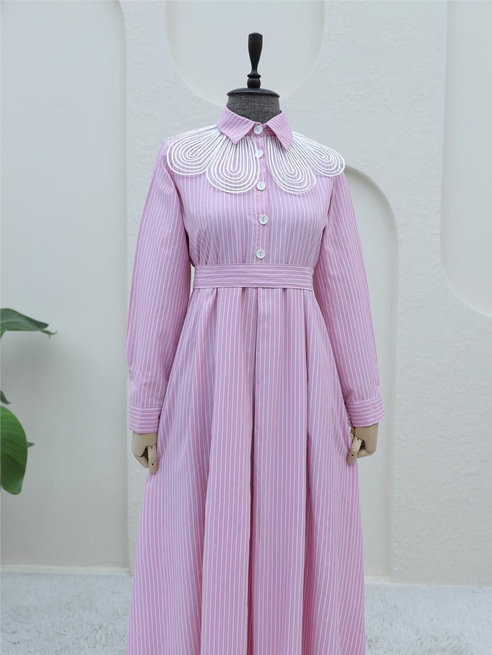 Organza Shirt Collar Striped Belted Dress -Pink-223-6265-R20