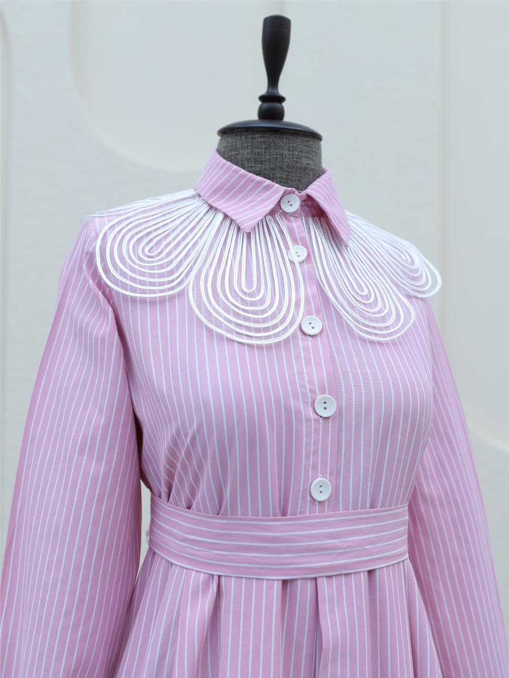 Organza Shirt Collar Striped Belted Dress -Pink-223-6265-R20