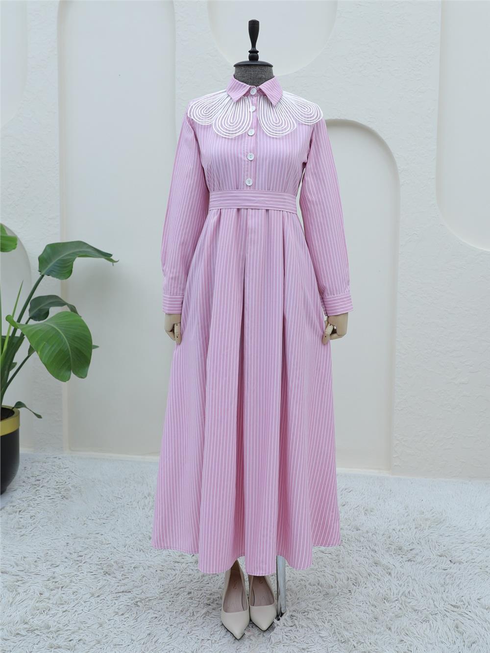 Organza Shirt Collar Striped Belted Dress -Pink-223-6265-R20