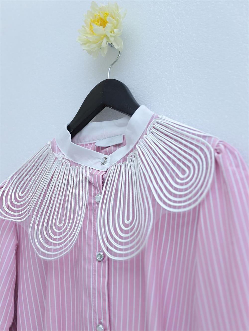 Organza Collar Collar Belted Striped Tunic -Pink-223-6264-R20