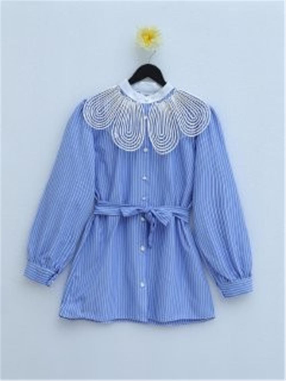 Organza Collar Collar Belted Striped Tunic -Blue-223-6264-R31