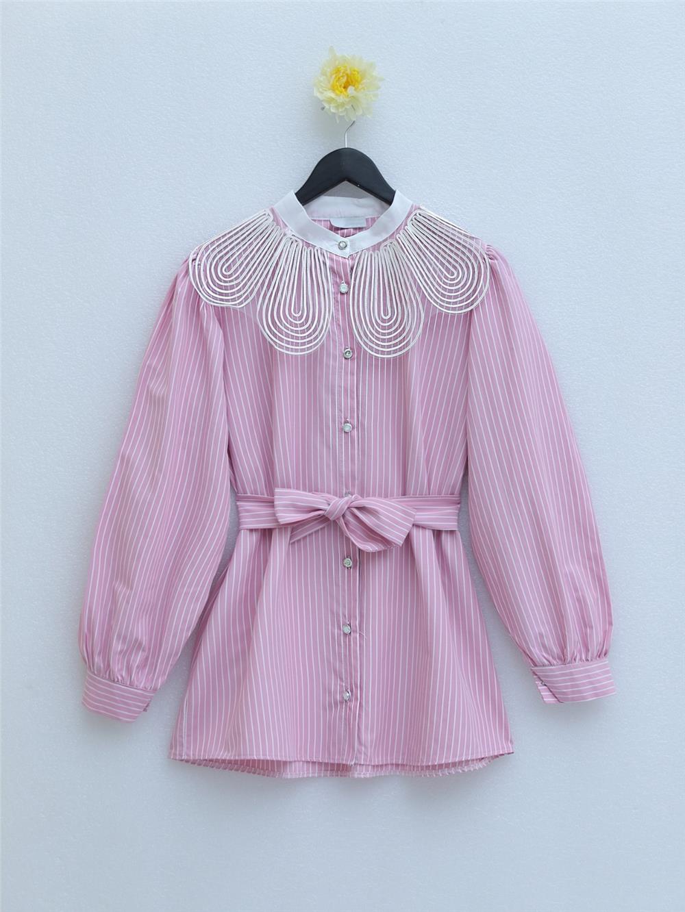 Organza Collar Collar Belted Striped Tunic -Pink-223-6264-R20