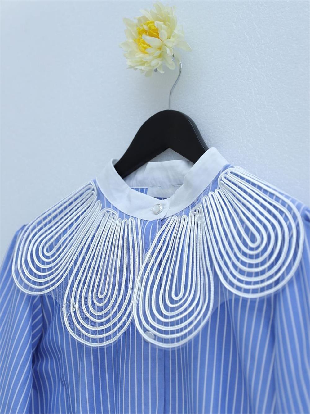 Organza Collar Collar Belted Striped Tunic -Blue-223-6264-R31
