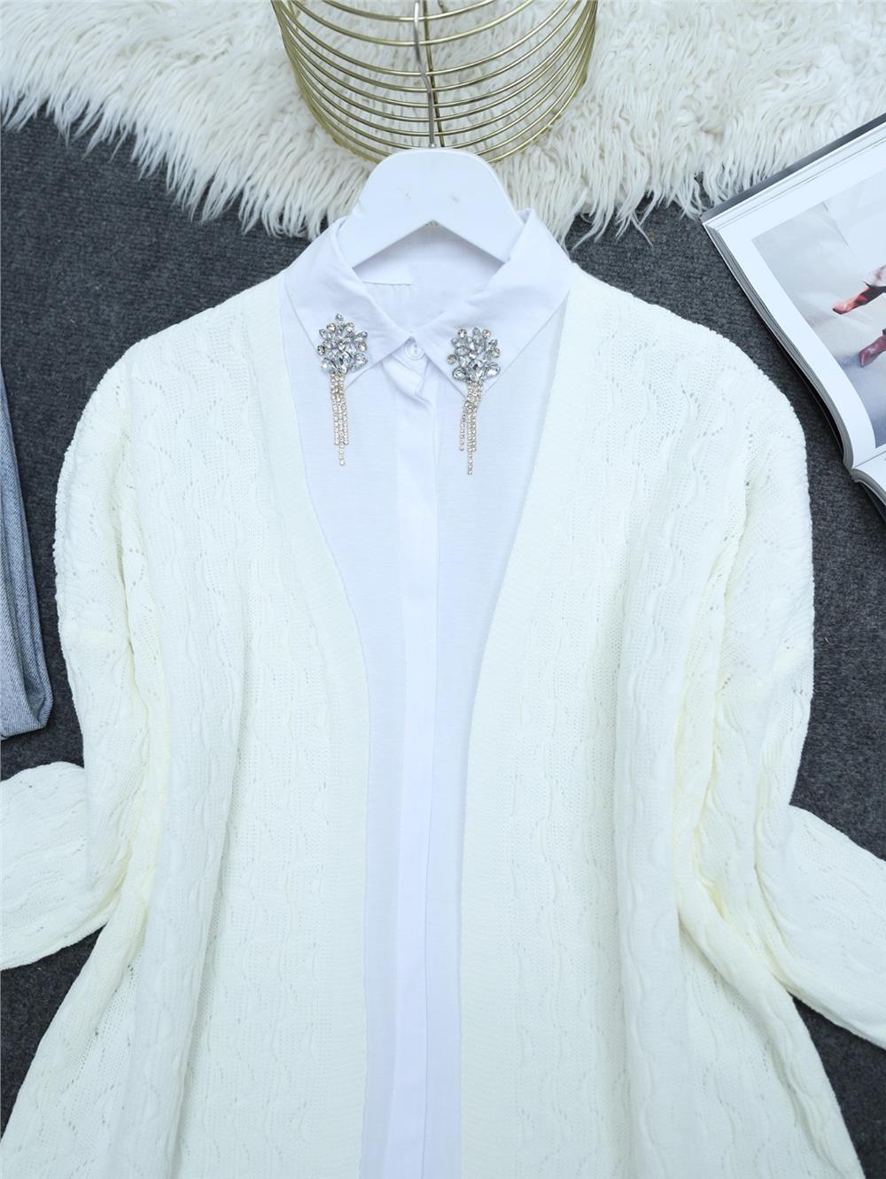 Knitted Pattern Medium Length Knitwear Cardigan -White-109-9870-R02