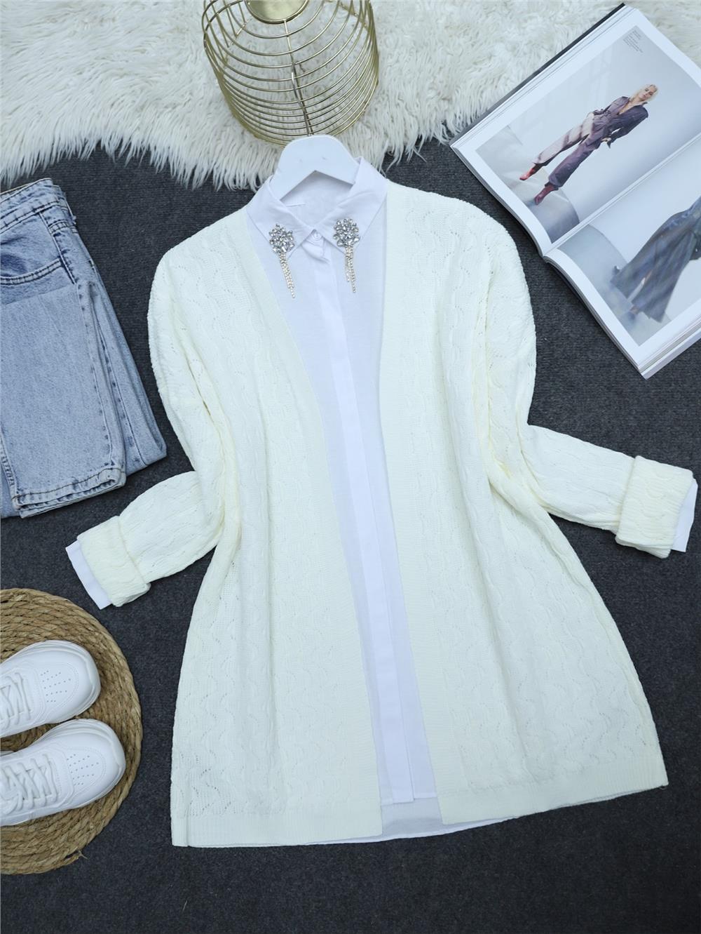Knitted Pattern Medium Length Knitwear Cardigan -White-109-9870-R02