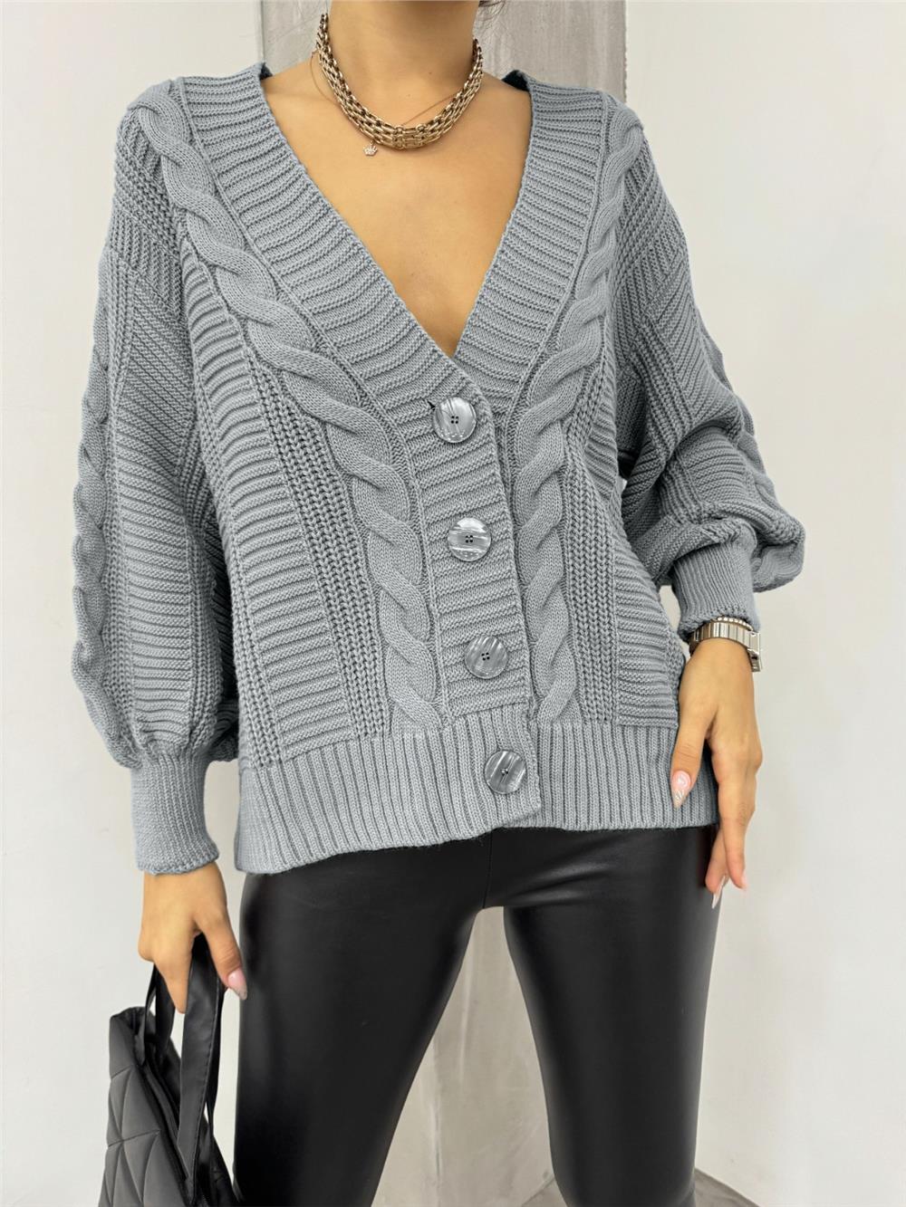 كارديجان عربي بأزرار ونمط محبوك - رمادي-384-500-R11