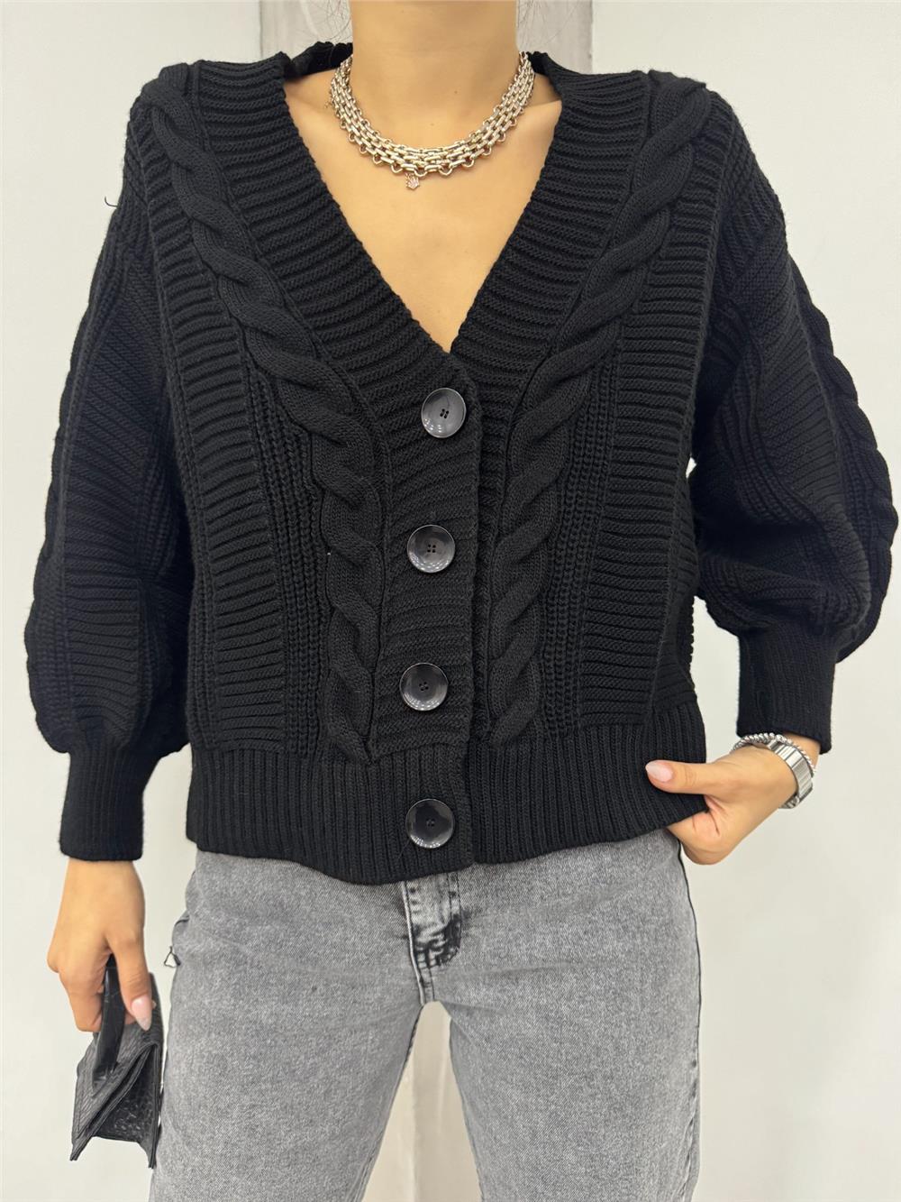 كارديجان أرابوى بأزرار ونمط محبوك - أسود-384-500-R01