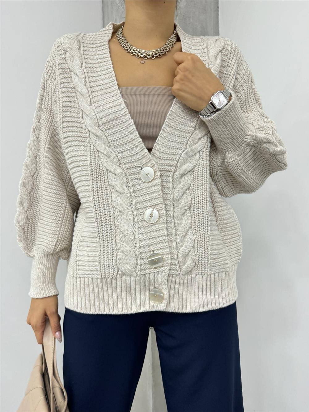 محبوك نمط سترة العربوي بأزرار -الحجر-384-500-R43