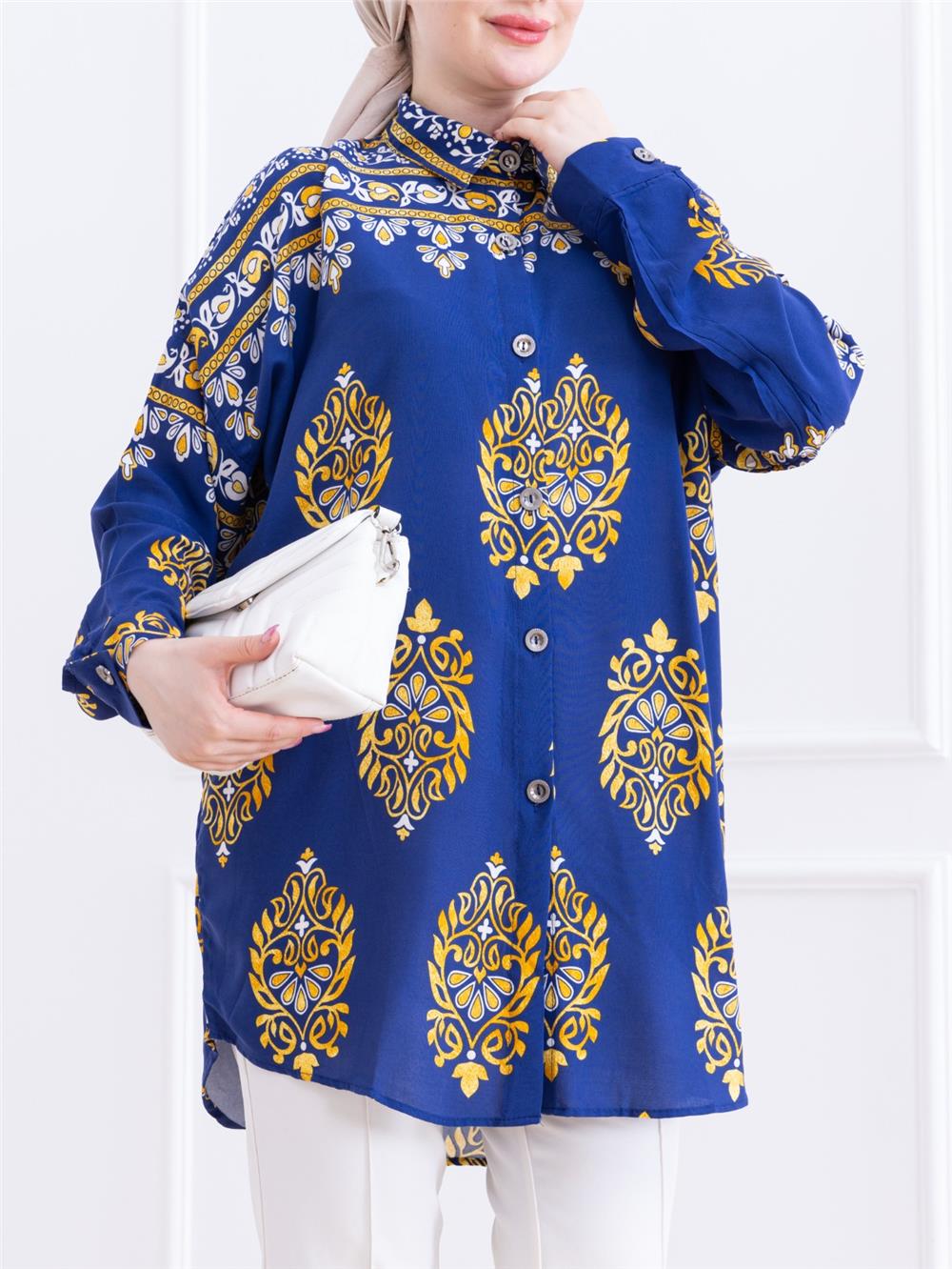 Oval Kesim Boydan Düğmeli Viskon Tunik -İndigo-199-2043-R21