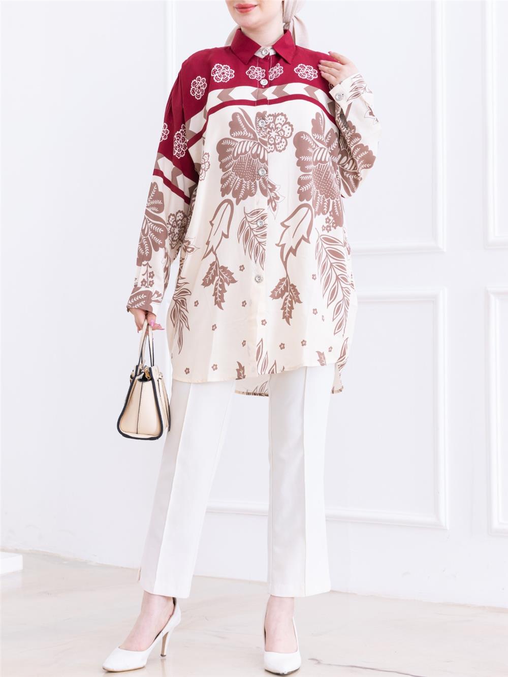 Oversize Oval Kesim Viskon Tunik -Bordo-199-2044-R04