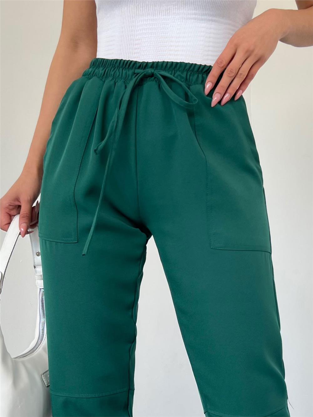 بنطلون بأرجل مطاطية وسحاب وجيوب كبيرة - زمردي-373-58239-R17