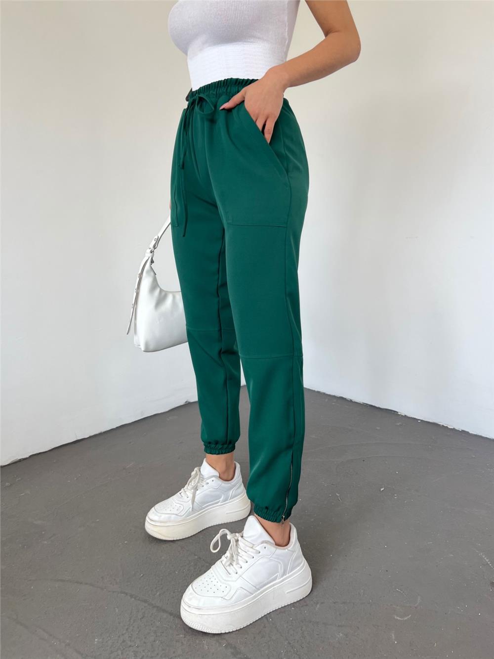 بنطلون بأرجل مطاطية وسحاب وجيوب كبيرة - زمردي-373-58239-R17