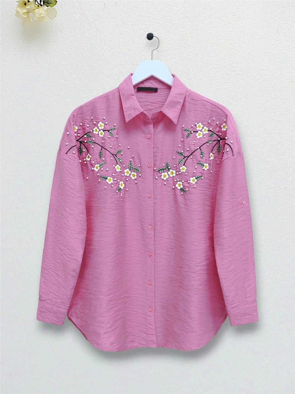 Daisy Embroidered Shirt with Sprinkled Pearls - Pink-405-1038-R20