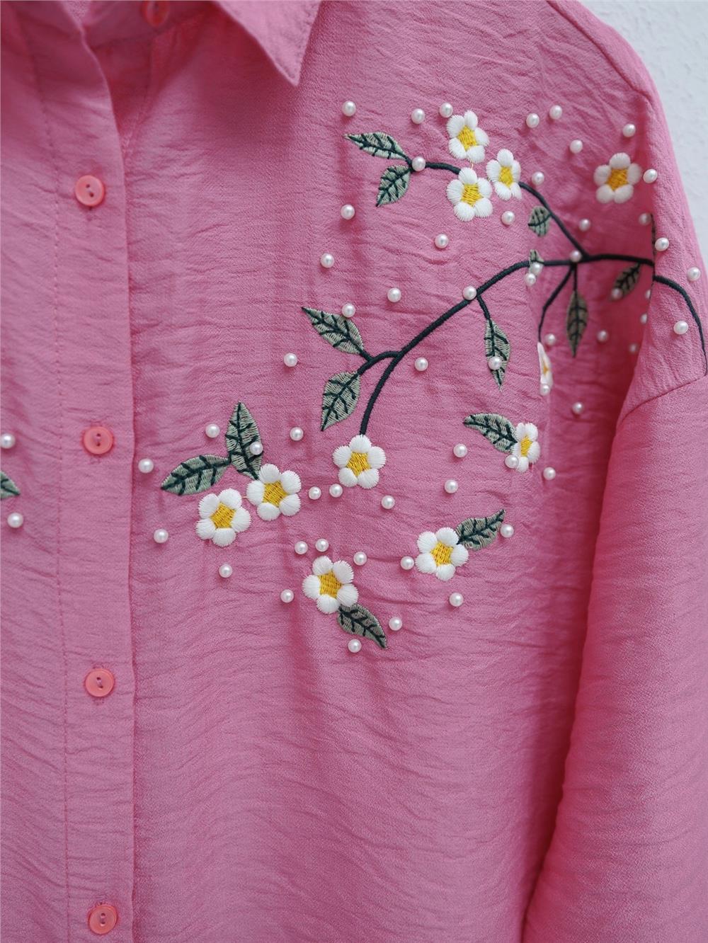 Daisy Embroidered Shirt with Sprinkled Pearls - Pink-405-1038-R20