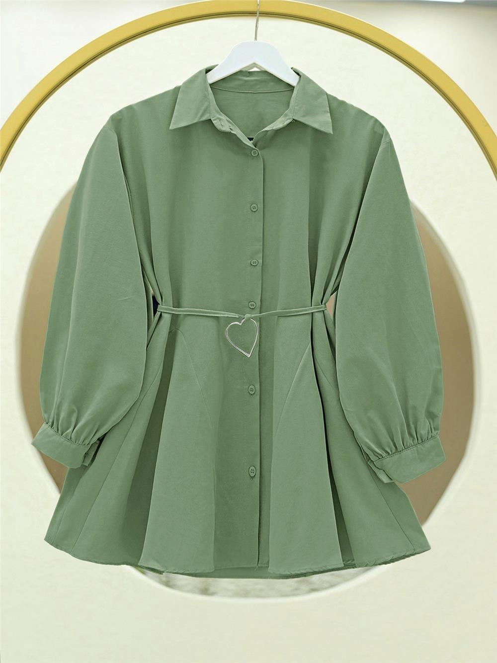 Parça Kumaşlı Düğmeli Poplin Tunik      -Haki-120-1576-R05