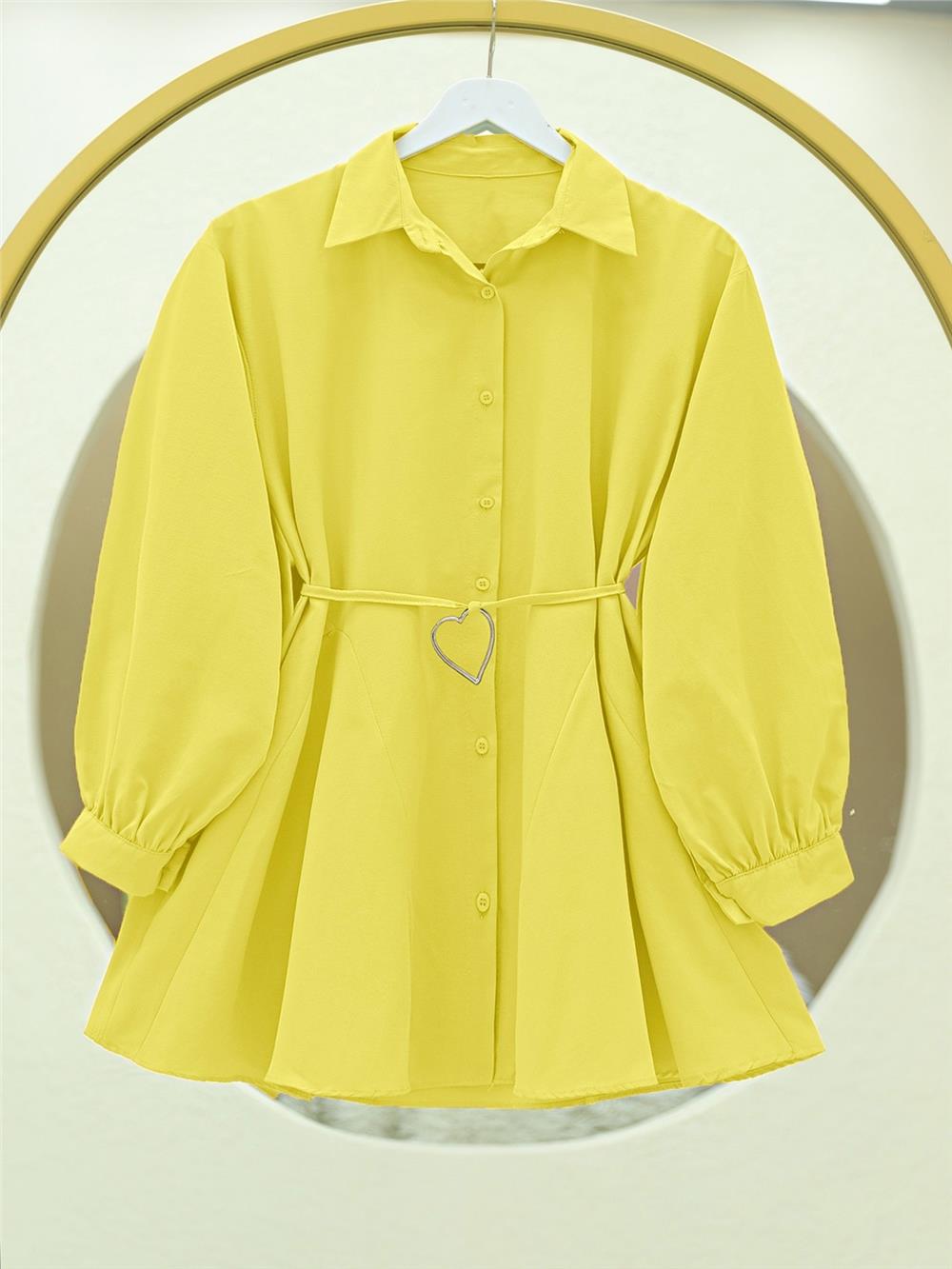Parça Kumaşlı Düğmeli Poplin Tunik     -Sarı-120-1576-R22