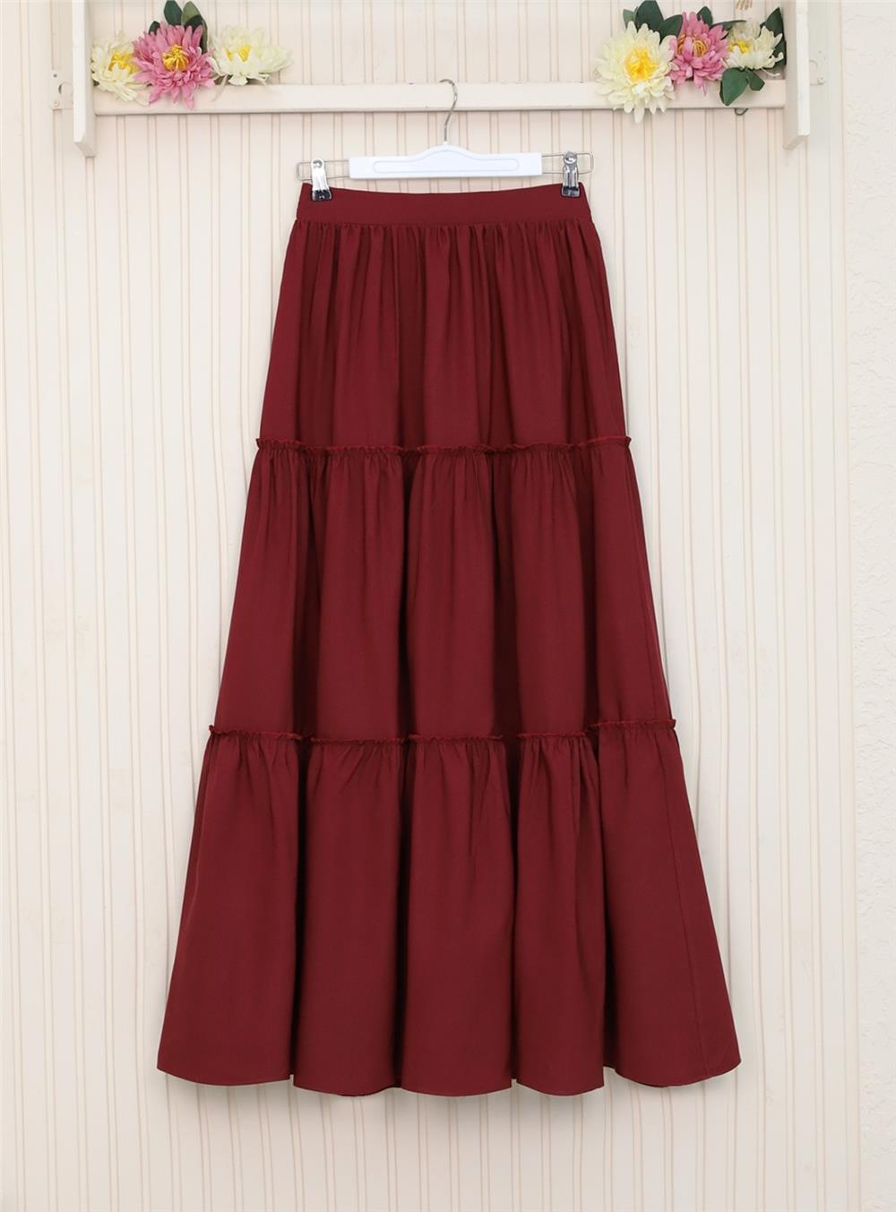 Parçalı Beli Lastikli Etek -Bordo-118-10046-R04