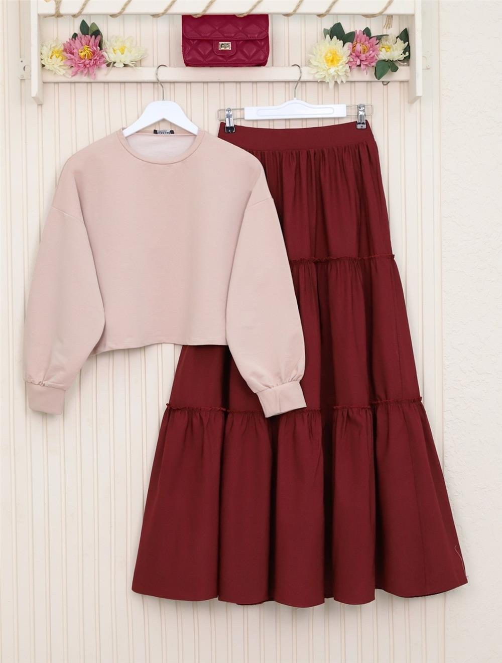 Parçalı Beli Lastikli Etek -Bordo-118-10046-R04