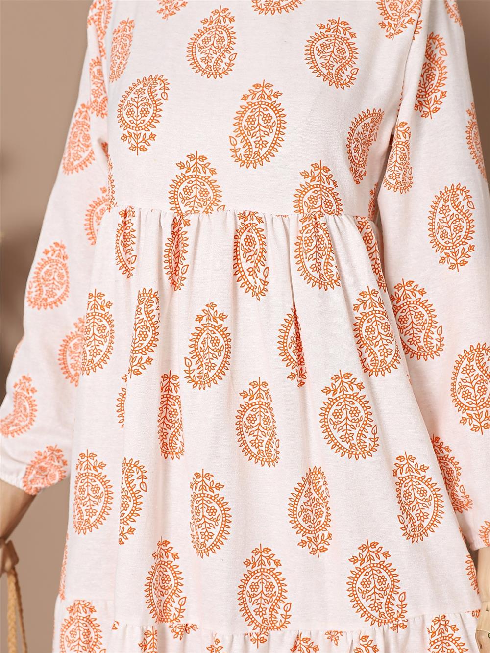 Pieced Sleeve Elastic Linen Dress -Orange-118-0892-R16