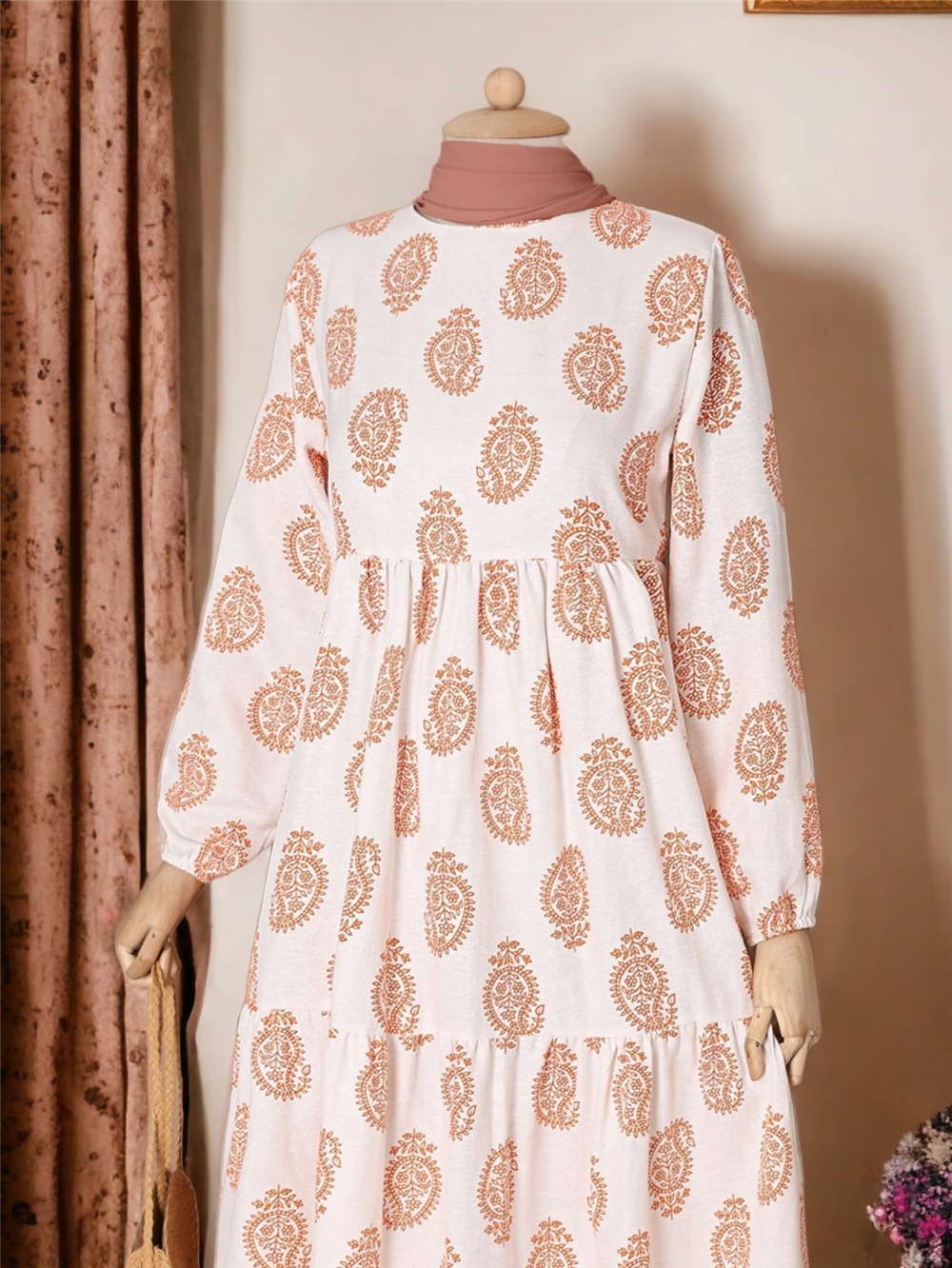Pieced Sleeve Elastic Linen Dress -Orange-118-0892-R16