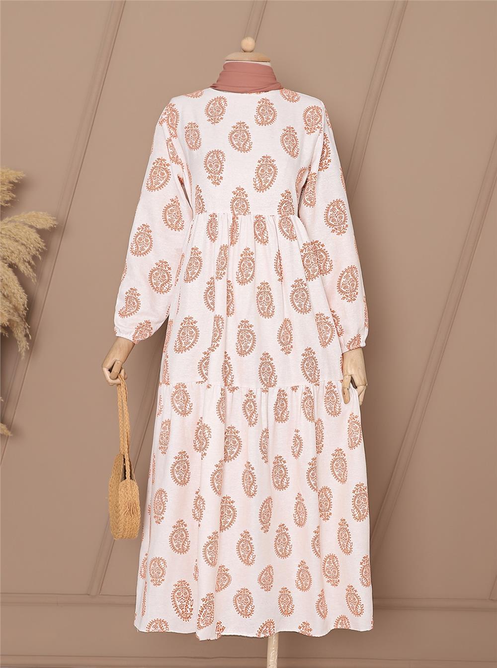 Pieced Sleeve Elastic Linen Dress -Orange-118-0892-R16