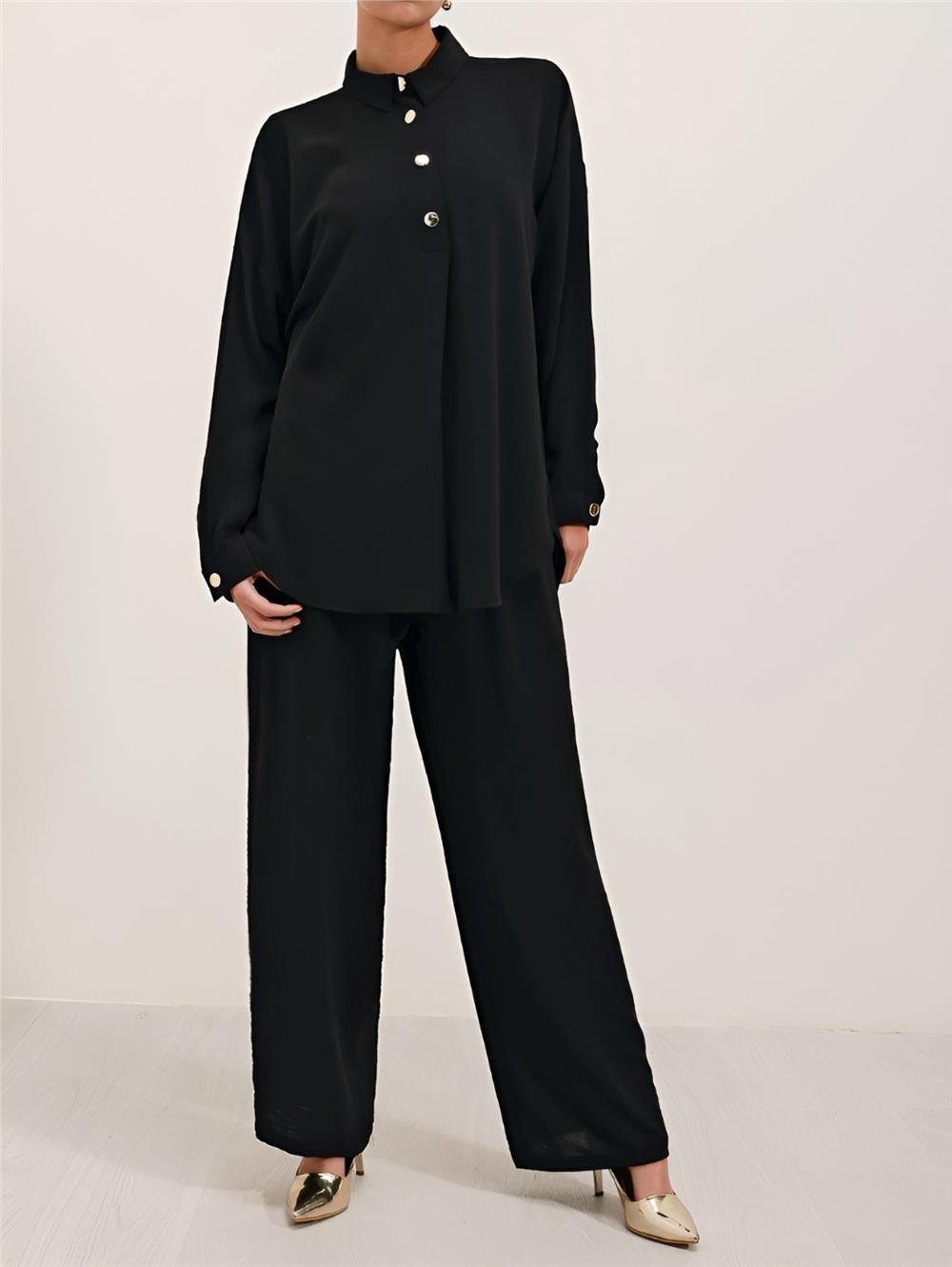 Polo Collar Ayrobin Suit with Snap Buttons - Black-138-6631-R01