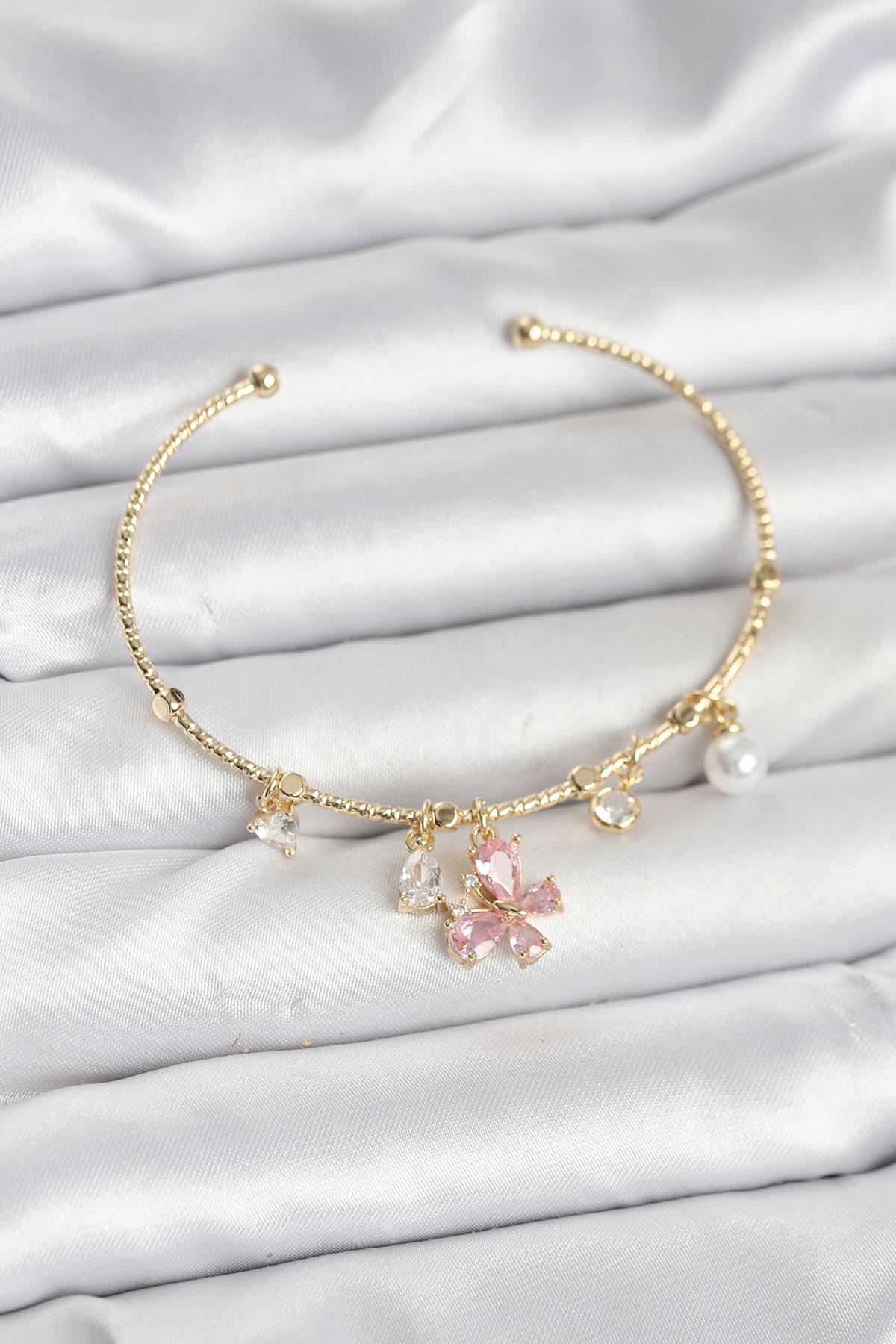 Pembe Kelebek Charmlı Gold Renk Kadın Bileklik