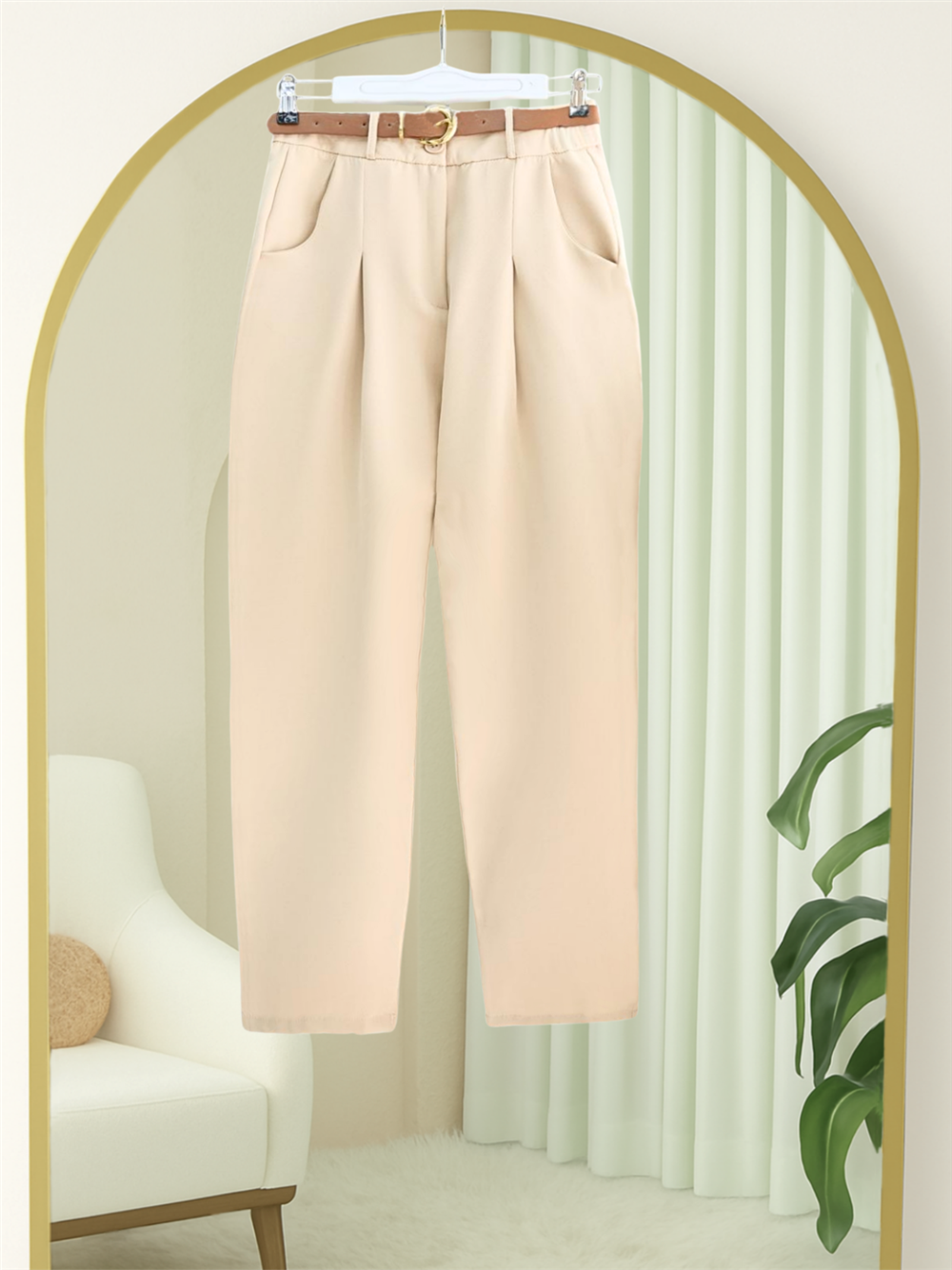 Pileli Cepli Kemerli Bilek Pantolon -Bej-400-3043-R56