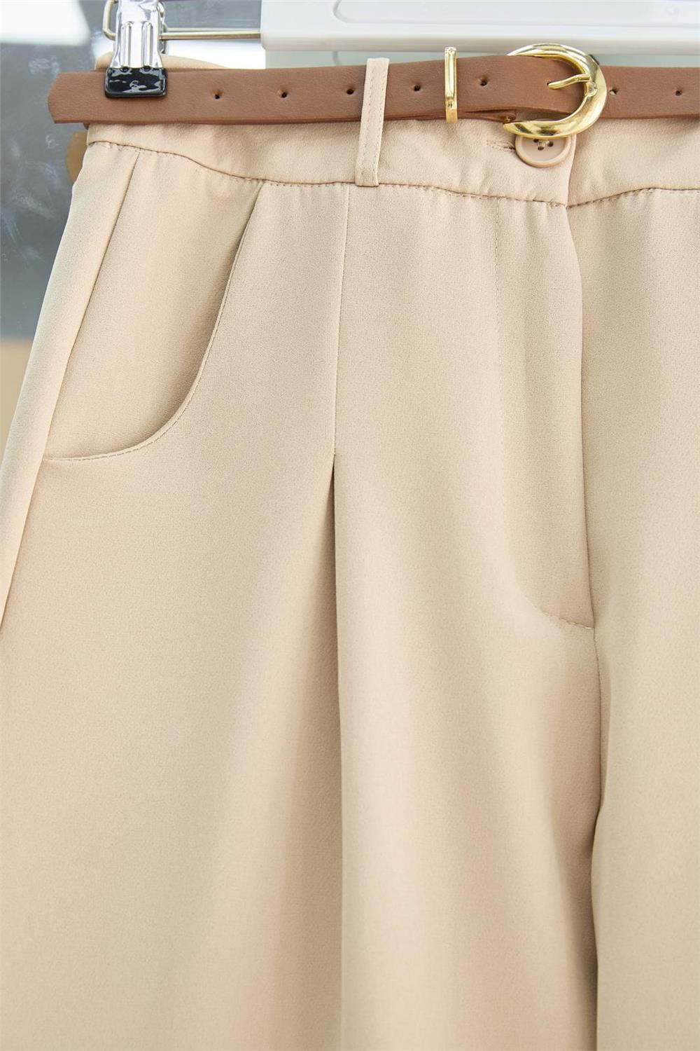 Pileli Cepli Kemerli Bilek Pantolon -Bej-400-3043-R56
