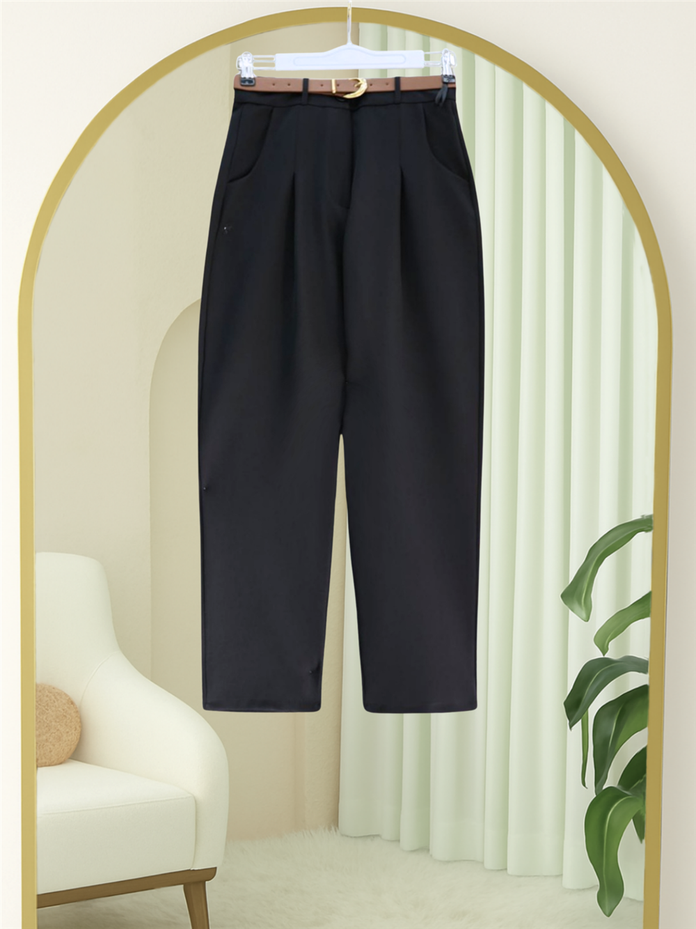 Pileli Cepli Kemerli Bilek Pantolon -Siyah-400-3043-R01