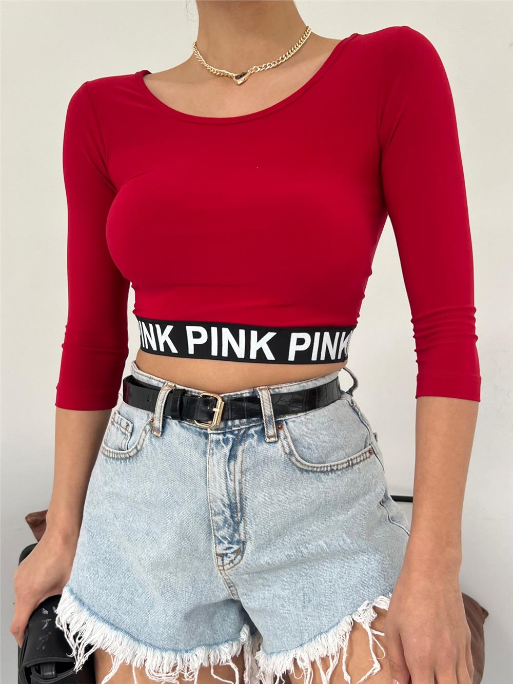 Pink Written Fakir Sleeve Elastic Crop -Red-246-2554-R33