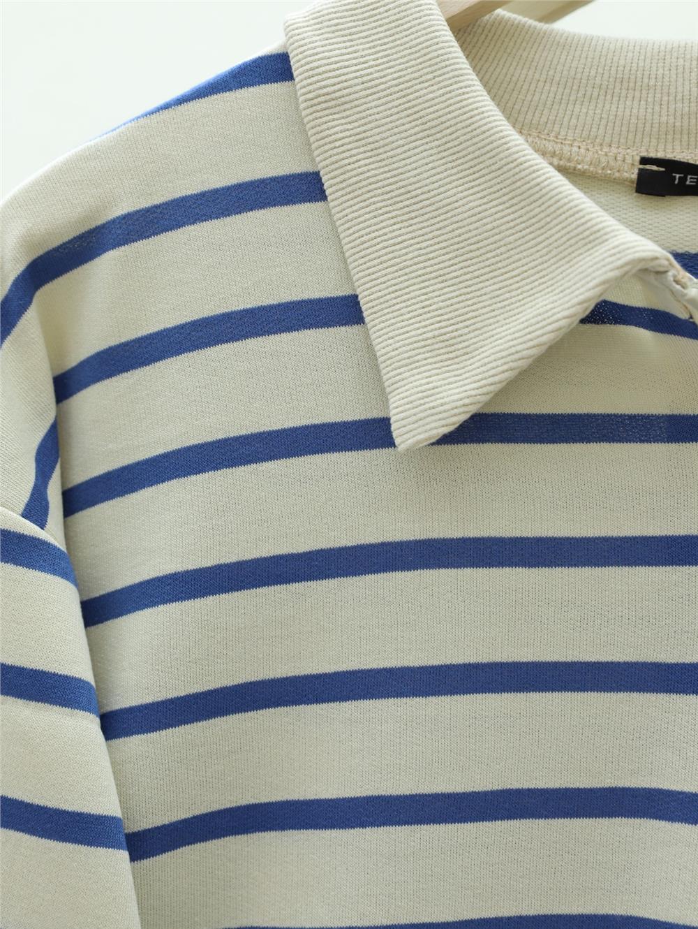 Polo Yaka Çizgili Yırtmaçlı Tunik -İndigo-349-6023-R21