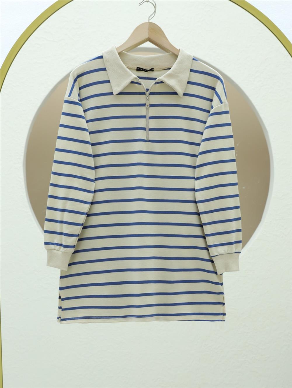 Polo Yaka Çizgili Yırtmaçlı Tunik -İndigo-349-6023-R21