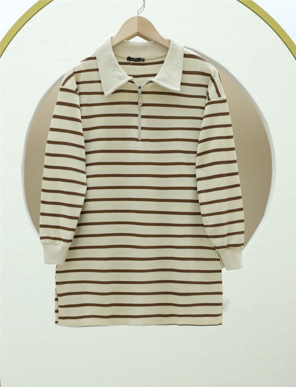 Polo Yaka Çizgili Yırtmaçlı Tunik -Kahve-349-6023-R15