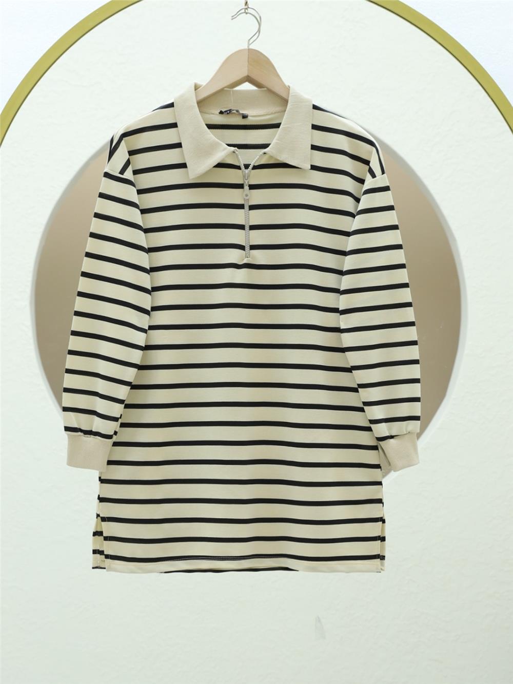 Polo Yaka Çizgili Yırtmaçlı Tunik -Siyah-349-6023-R01
