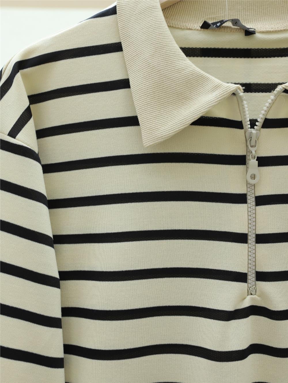 Polo Yaka Çizgili Yırtmaçlı Tunik -Siyah-349-6023-R01