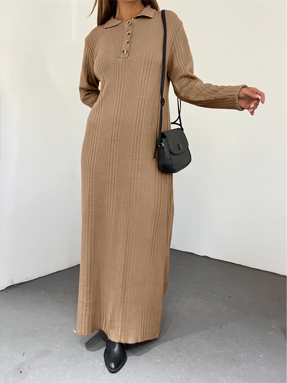 Polo Neck Buttoned Knitwear Dress -Mink-295-8008-R23