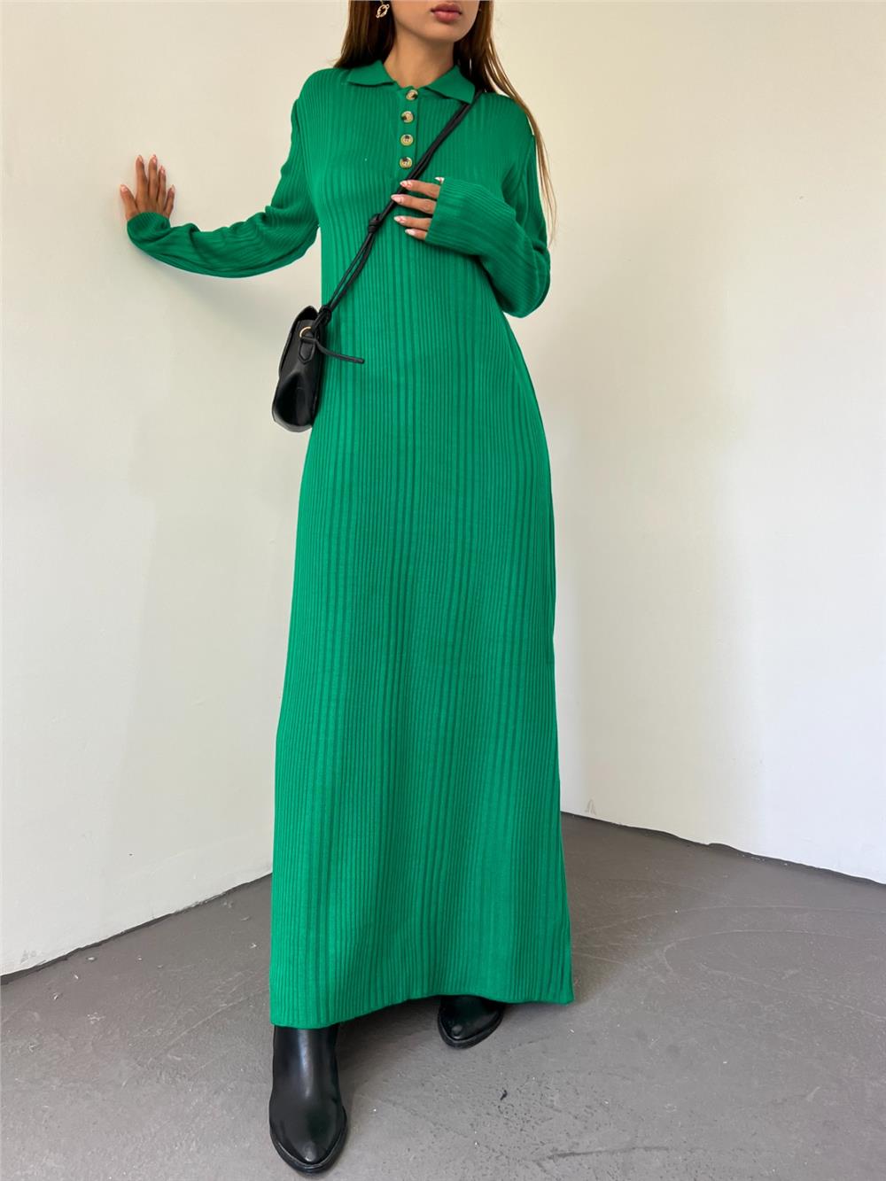 Polo Neck Buttoned Knitwear Dress -Green-295-8008-R35