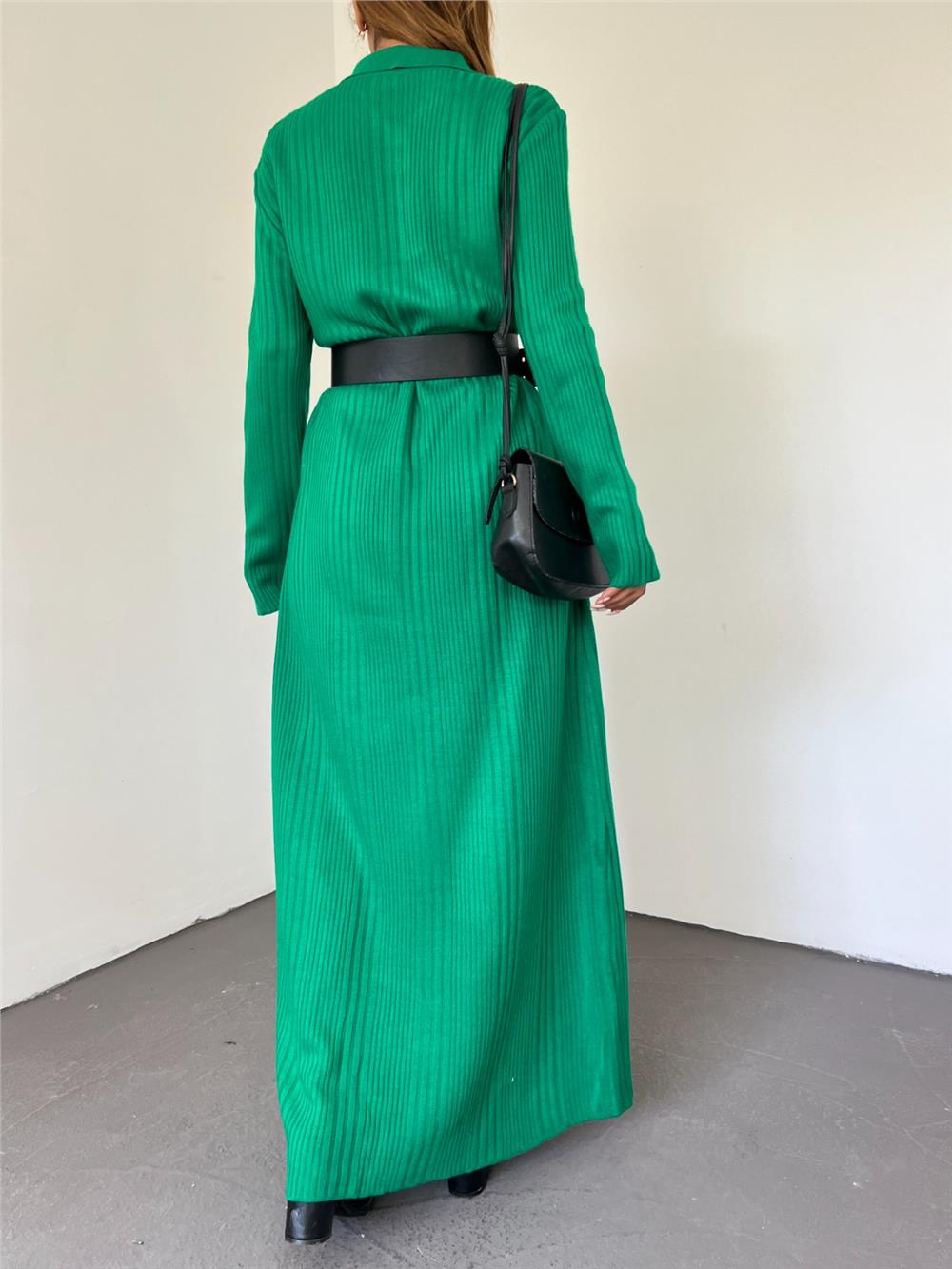 Polo Neck Buttoned Knitwear Dress -Green-295-8008-R35