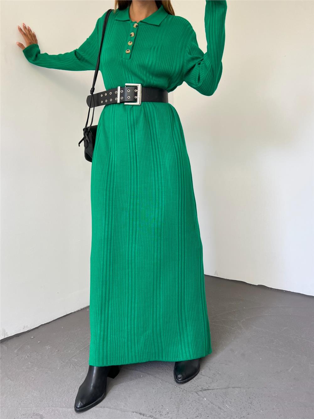 Polo Neck Buttoned Knitwear Dress -Green-295-8008-R35