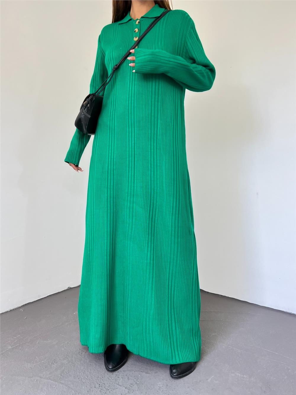 Polo Neck Buttoned Knitwear Dress -Green-295-8008-R35