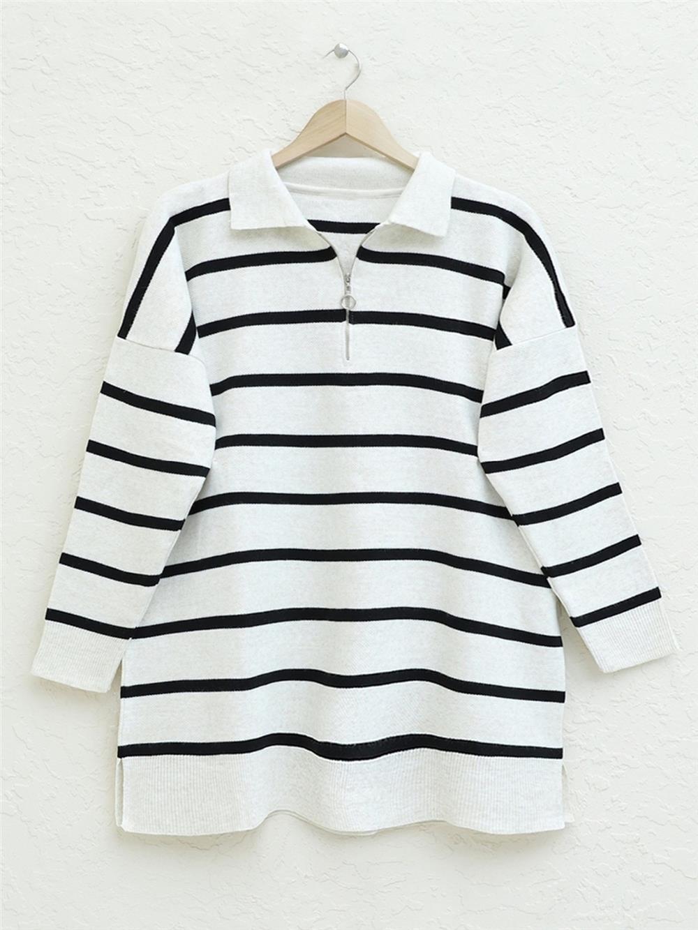 Polo Yaka Fermuarlı Triko Tunik -Krem-357-6184-R28