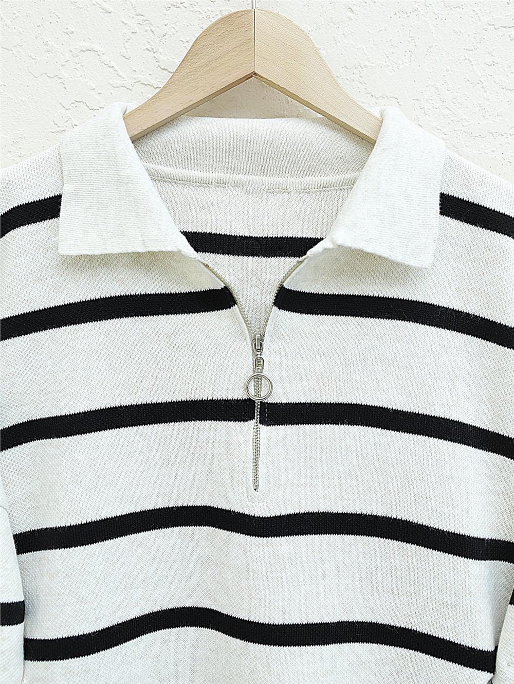 Polo Yaka Fermuarlı Triko Tunik -Krem-357-6184-R28