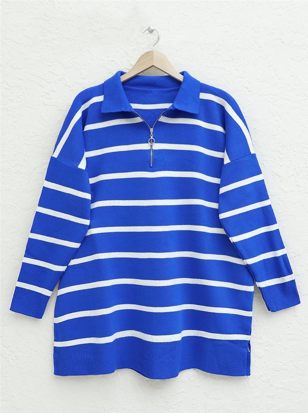 Polo Yaka Fermuarlı Triko Tunik -Saks-357-6184-R10