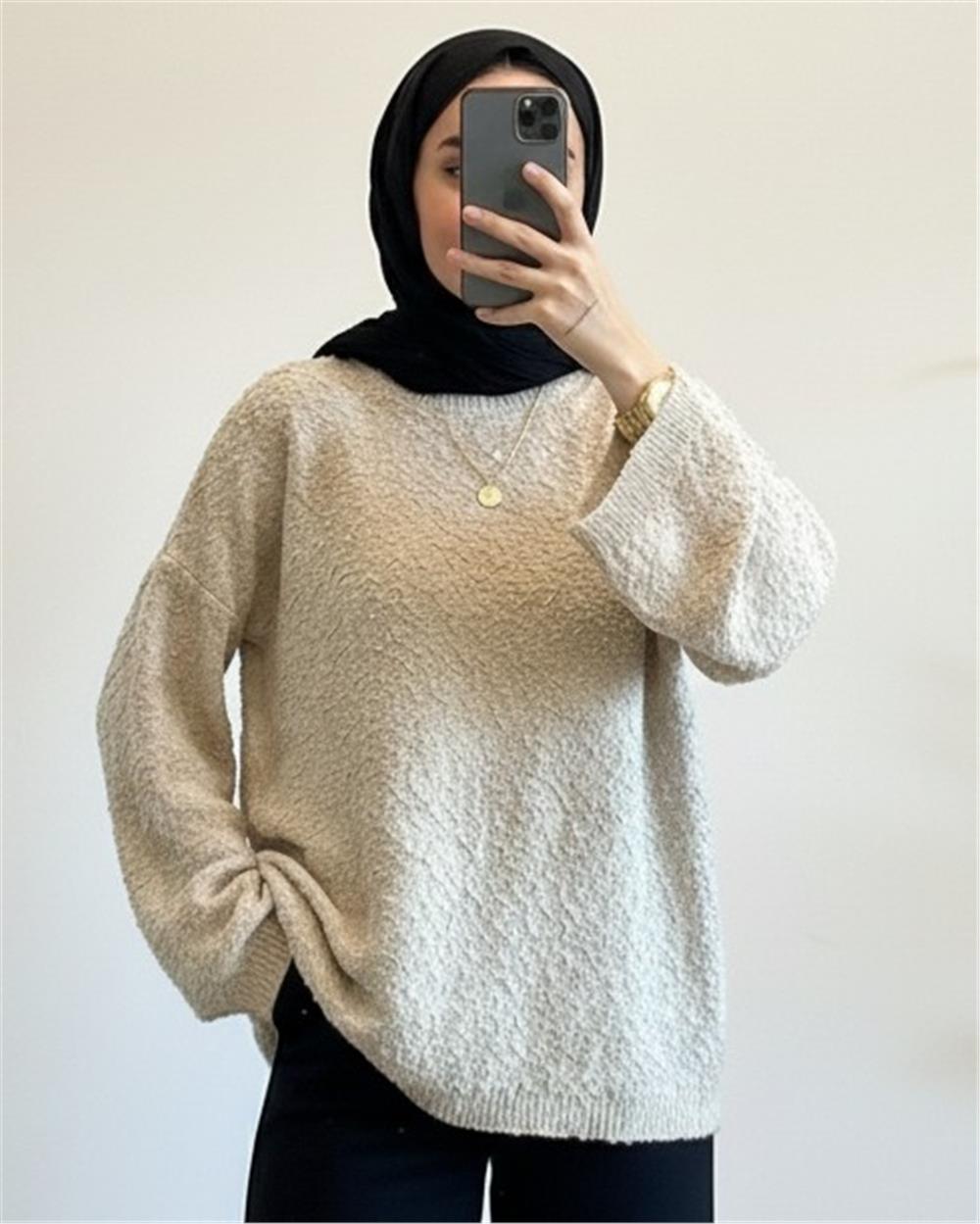 Ponpon Dokulu Salaş Triko Kazak -Açık Vizon-385-3505-R51