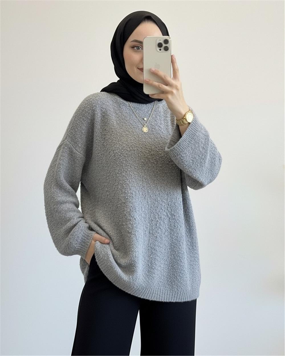 Ponpon Dokulu Salaş Triko Kazak -Gri-385-3505-R11