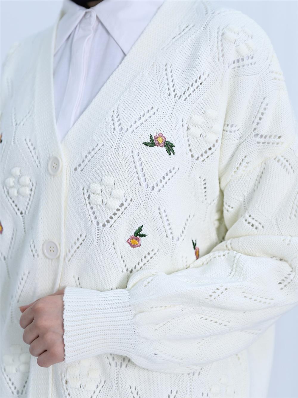 Pompom Floral Embroidered Buttoned Cardigan -Ecru-109-0456-R07