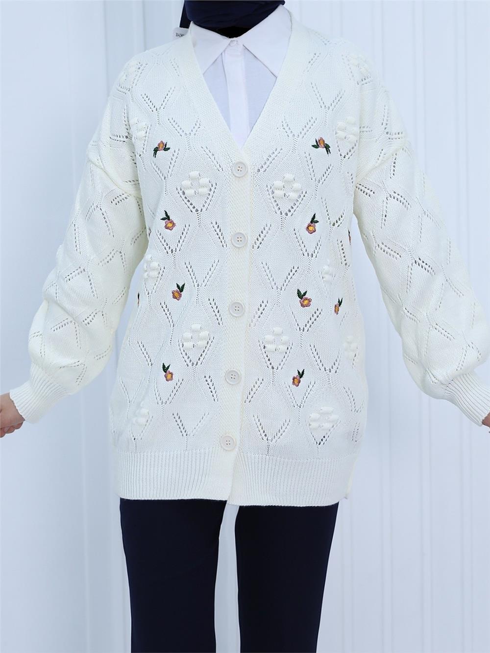 Pompom Floral Embroidered Buttoned Cardigan -Ecru-109-0456-R07