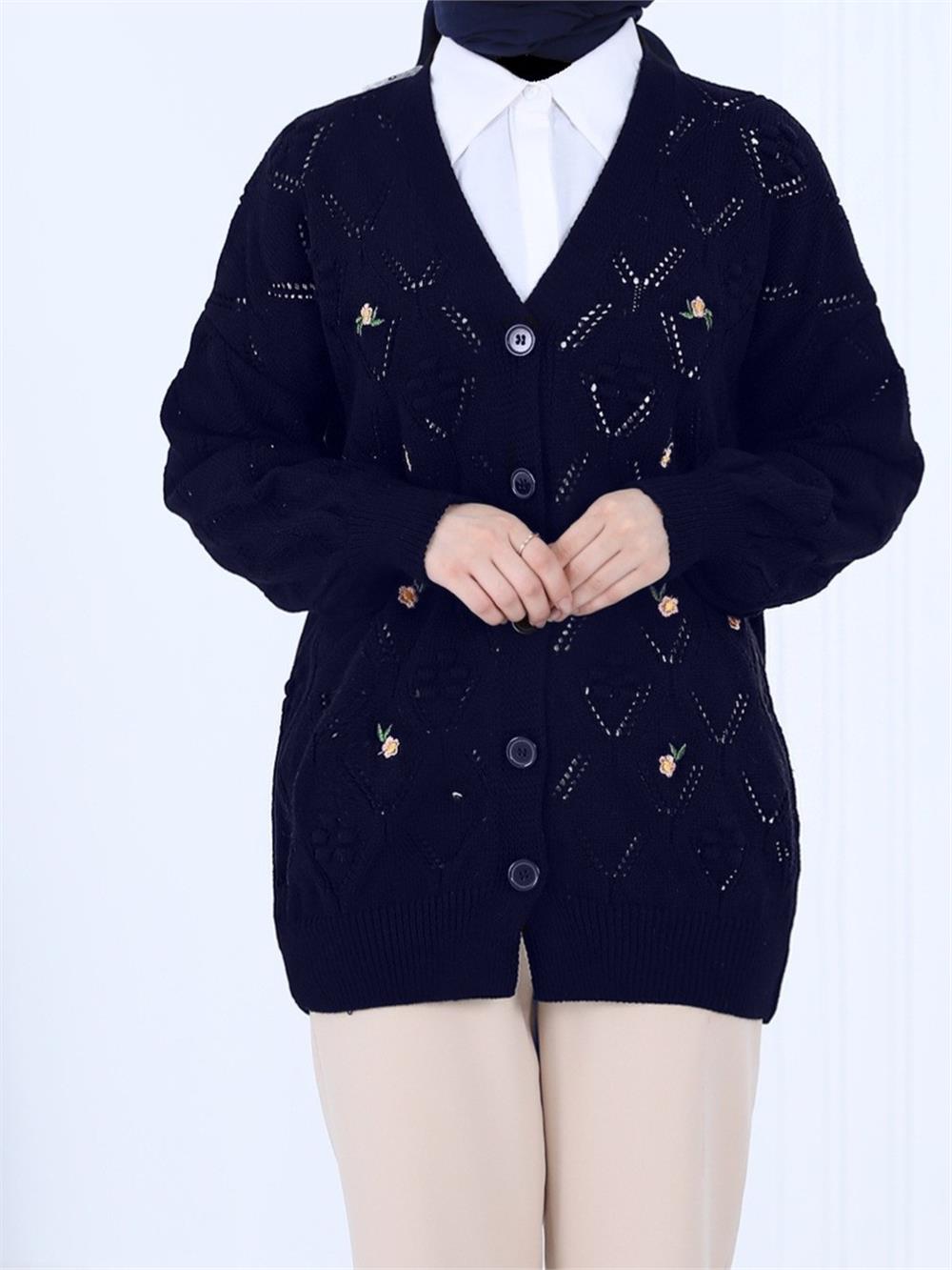 Pompom Floral Embroidered Buttoned Cardigan - Navy Blue-109-0456-R03
